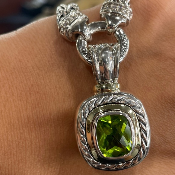 David Yurman Silver & 14k gold Double Wheat Chain Diamond Peridot Necklace - Picture 6 of 7